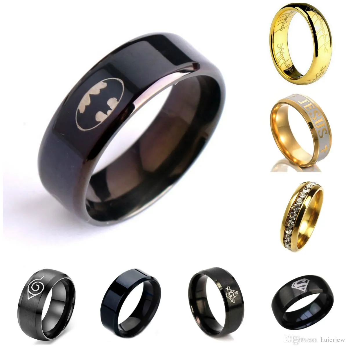 Prettyl Rings Cool Black Ring High Steel Finger Ringar Män Boys Fashion Smycken Storlek 7-12 för Batman Mens Ring