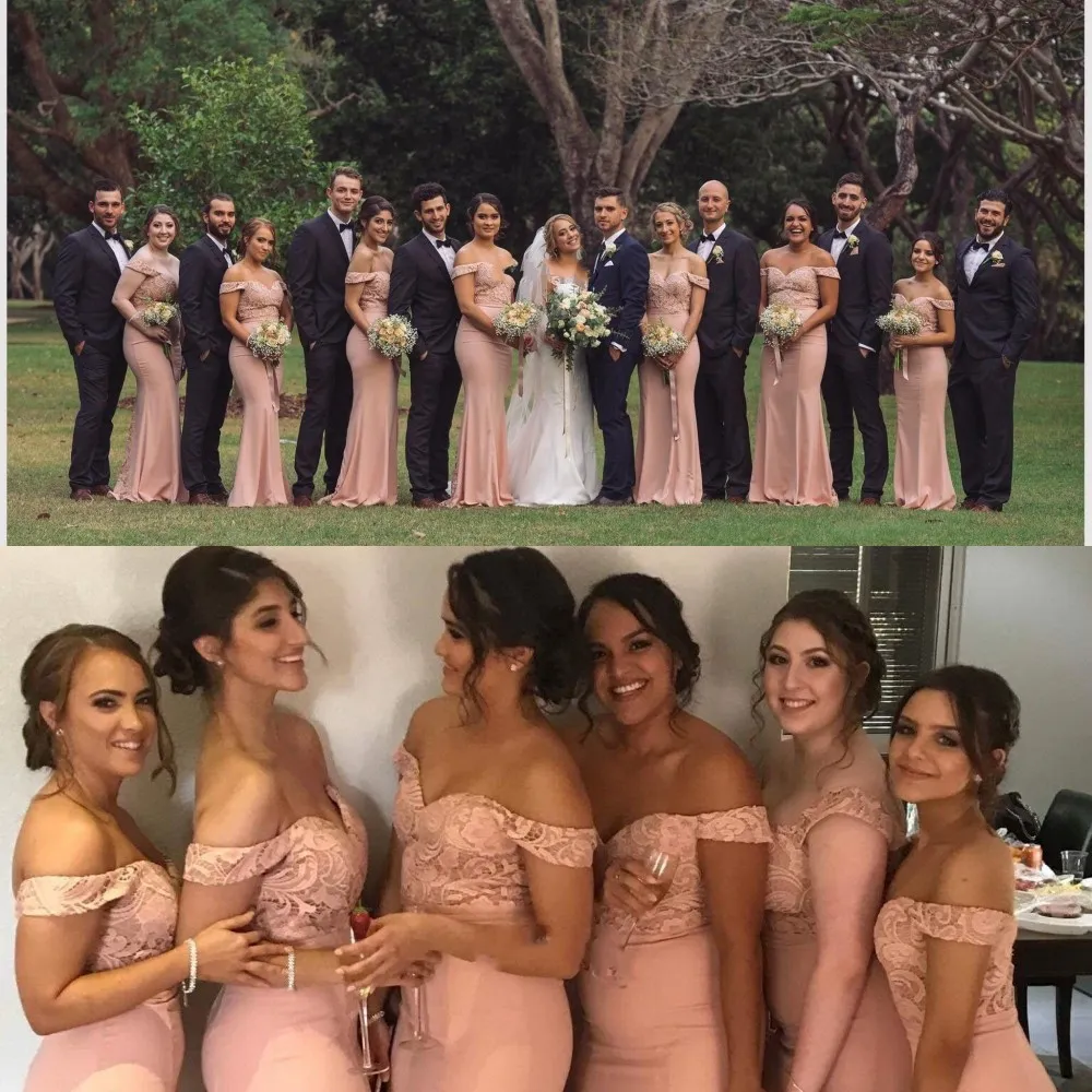 Nieuwe sexy Afrikaanse blush roze zeemeermin bruidsmeisje jurken Off schouder kanten tuin lange plus size meid of honor jurken bruiloft gastenjurk 403