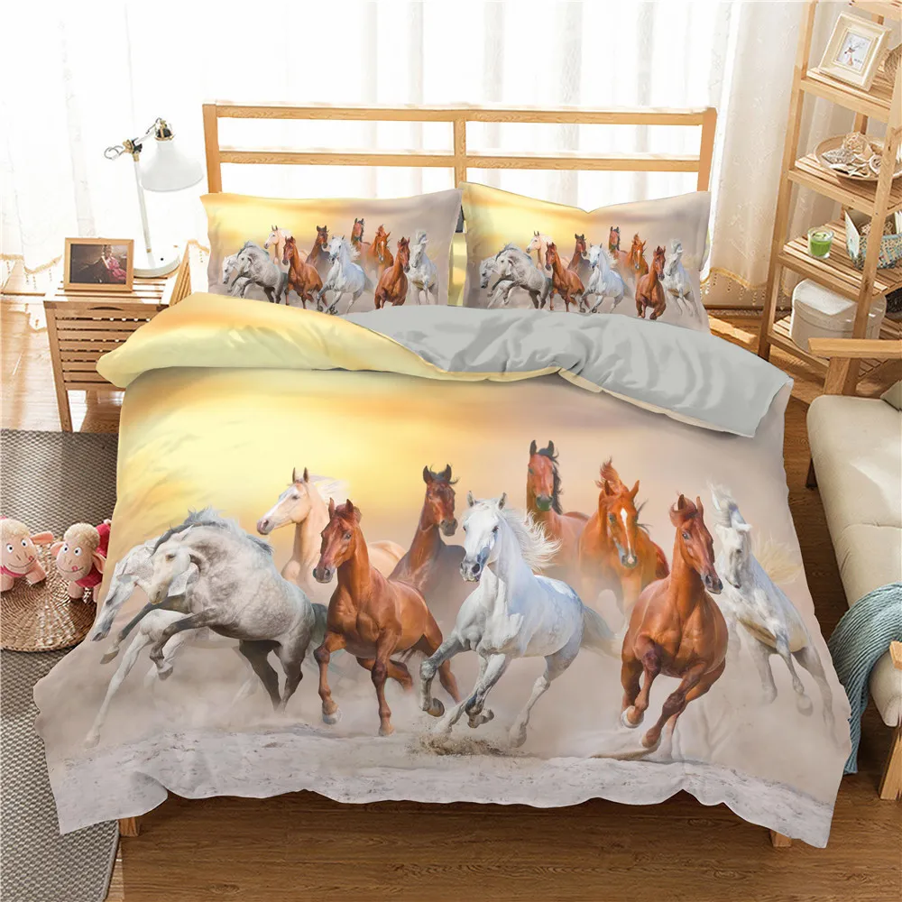 Homesky 3D Horses Bedding Set Luxury Soft Däcke Cover King Queen Twin Full Comporter Bed Set Pillow Cases Bedclothes 201120223C