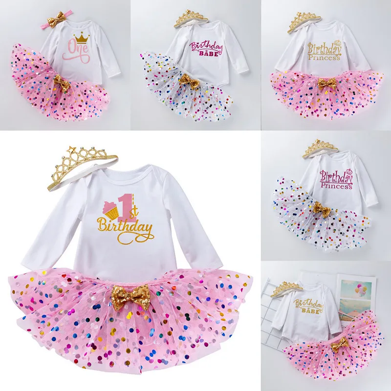 INS Tutu per bebè Gonna a pois con fiocco Pagliaccetto a maniche lunghe Corona Fascia per capelli 3 pezzi Ragazze Compleanno Fotografia Abito per bambini Vestire la principessa Festa invernale