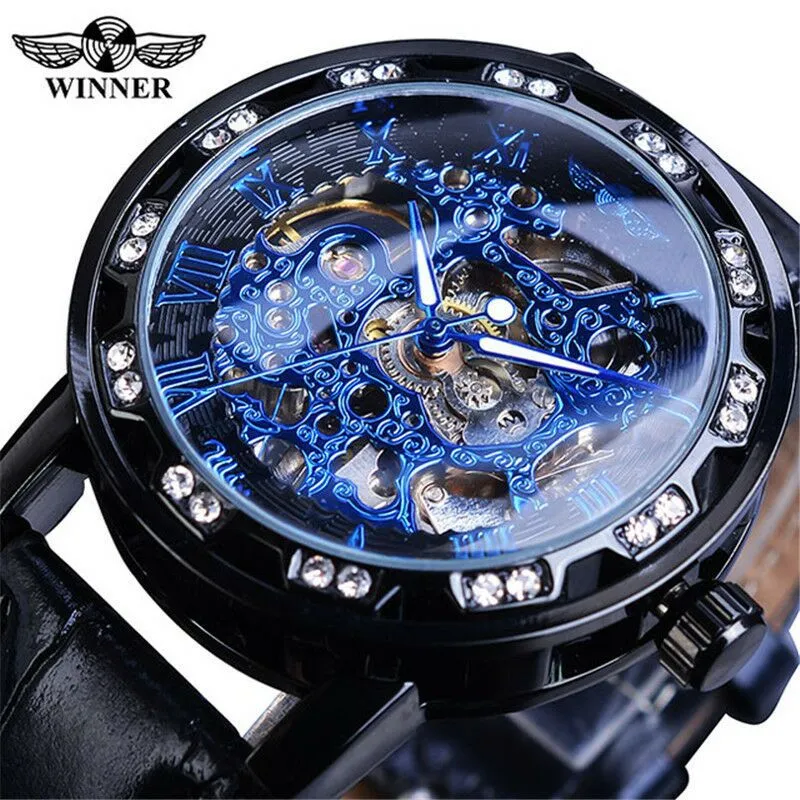Vinnare Vinnare Mens Fashion Casual Classic Rhinestone Full Hollow Manuell Mekanisk Klocka Herr Leather-Belt Watch Armbandsur
