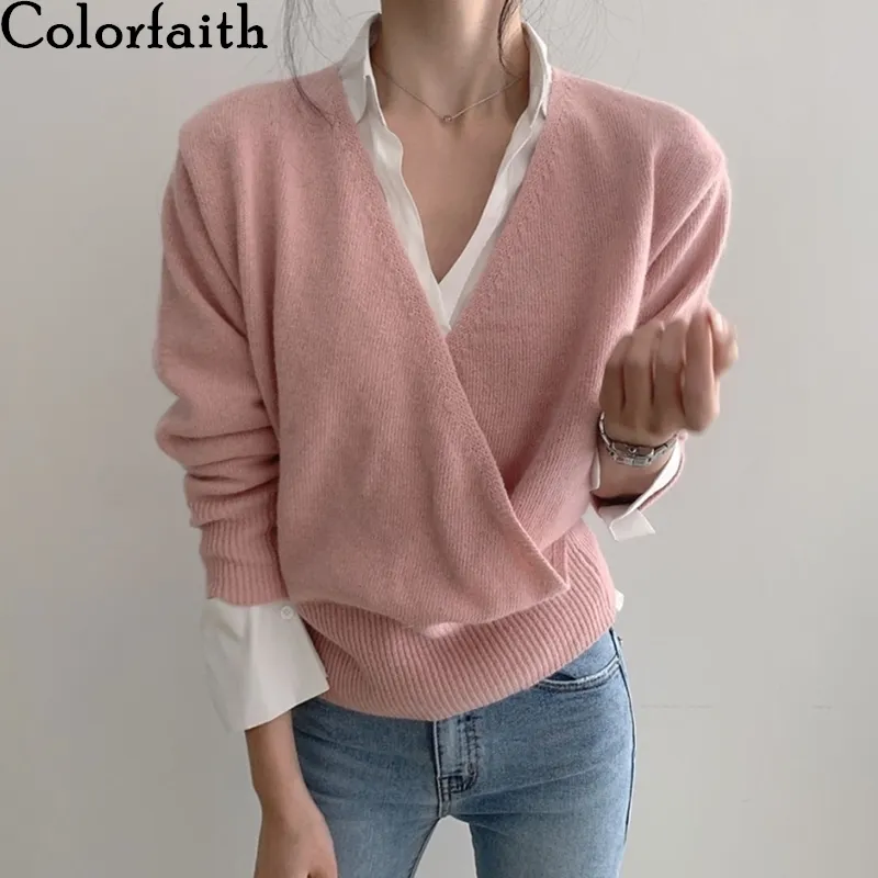 Colorfaith Nuovo autunno autunno inverno maglioni da donna con scollo a V sexy pullover casual minimalista coreano knitwear knitweary sw8553 201023