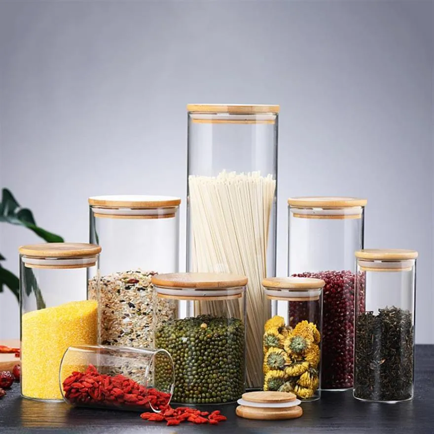 Transparent Glass Food Storage Canisters Corks Cover Jars Bottles for Sand Liquid Eco-Friendly With Bamboo Lida49507u