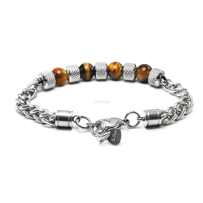 Stainless steel tiger eye beaded bracelets strand natural stone bracelet for men hip hop fashion jewelry will and sandy