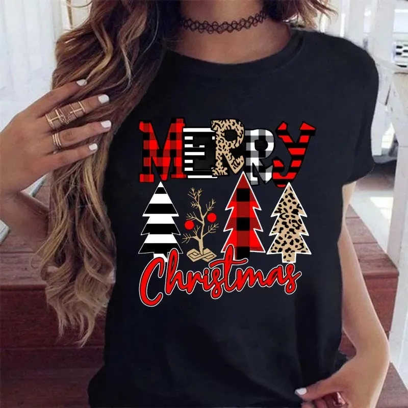 Женская футболка с принтом «Merry Christmas» и клетчатой елкой, модный женский топ с графическим рисунком, футболка Kawaii, женская рождественская футболка, черная рубашка в стиле Харадзюку 220304