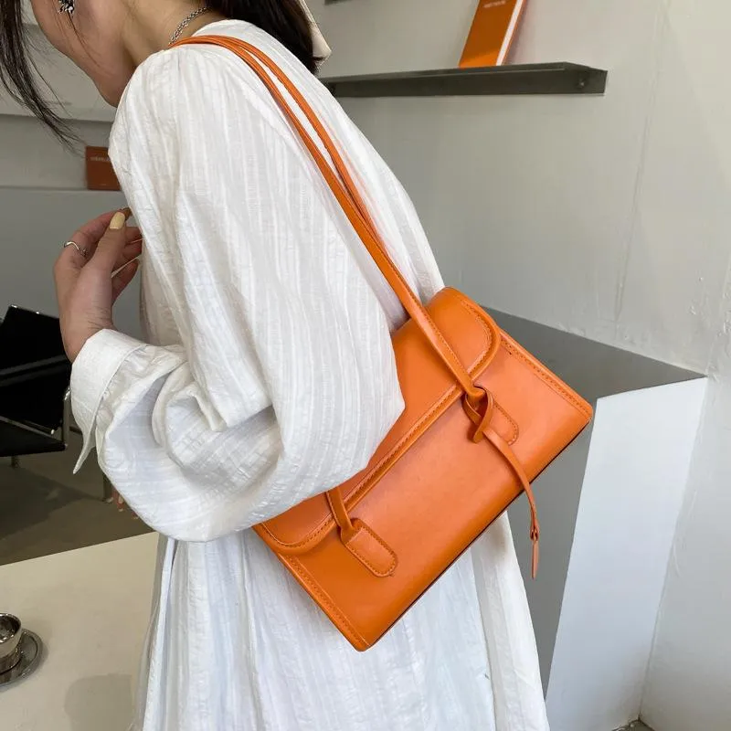 Pomarańczowe torby na ramię moda damska Pure Color torebka Retro prosta duża tornister wiosenna i letnia kopertówka kwadratowa PU PM186