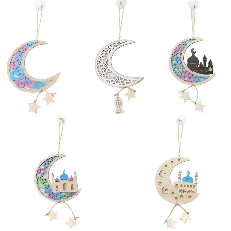 Ramadan Mubarak Ornement en bois Forme de lune Pendentif Ornements pour la décoration de fête de l'Aïd al-Fitr