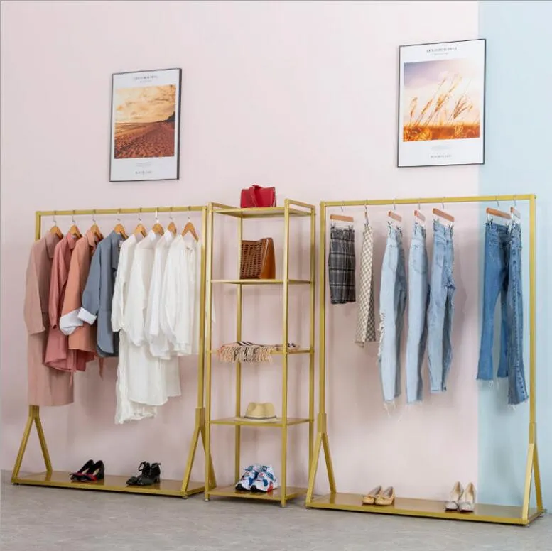 Clothes rack Women's and men's clothing store floor shelf display side hanging combined shelfs with plate cloth shop show racks