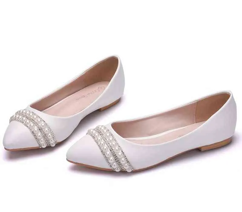 Crystal Queen Women Bridal Handmade Lady Wedding Shoes Sexy Comfortable White Pearl Dress Flats G0211
