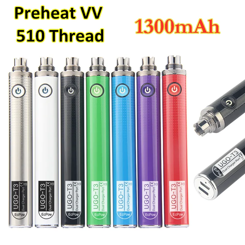 MOQ 5st Original Vapes EVOD Preheat VV Vaporizer UGO T3 Batteri 1300mAh Variabel spänning Dual E Cig Charger Port 510 Thread Vape Pen eGo-T MT3 CE4