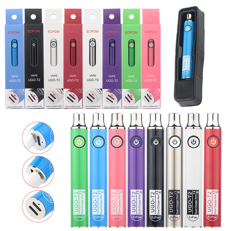 5pcs UGO T2 Vape Pen 510 Fil Batterie 650 900mAh Double Charge Double Port USB Evod Préchauffage VV Vaporisateur À Tension Variable Panier Vide