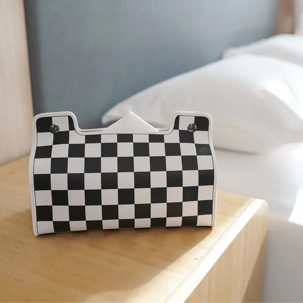 Rectangular Foldable Bags Tissue Boxes Facial Napkins Case Holder PVC White Black Grid Pattern Napkin Holder Papers Bag Cosmetic Pouch Organizer Table Decor