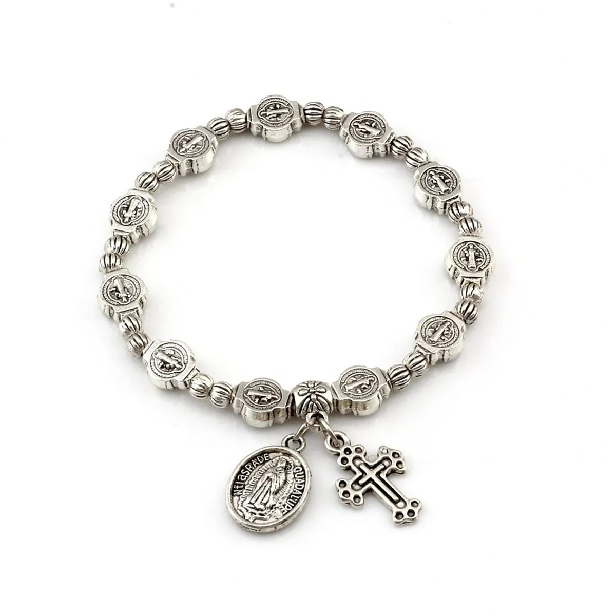 12Pcs Antique Silver Catholic Religious Alloy Strands Bracelets For Men Women Christ Juses Cross Virgin Mary Pendant Bangles C-79