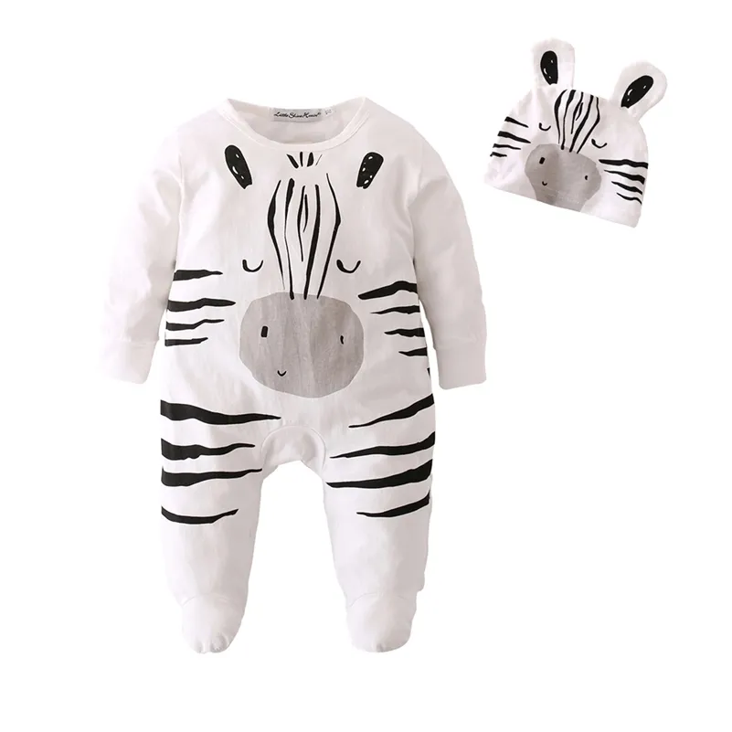 Bébé Garçons Filles Barboteuses Ropa Bebe Coton Nouveau-né Infant Cartoon zèbre Combinaison Avec Cap Toddler Bébé Vêtements LJ201023