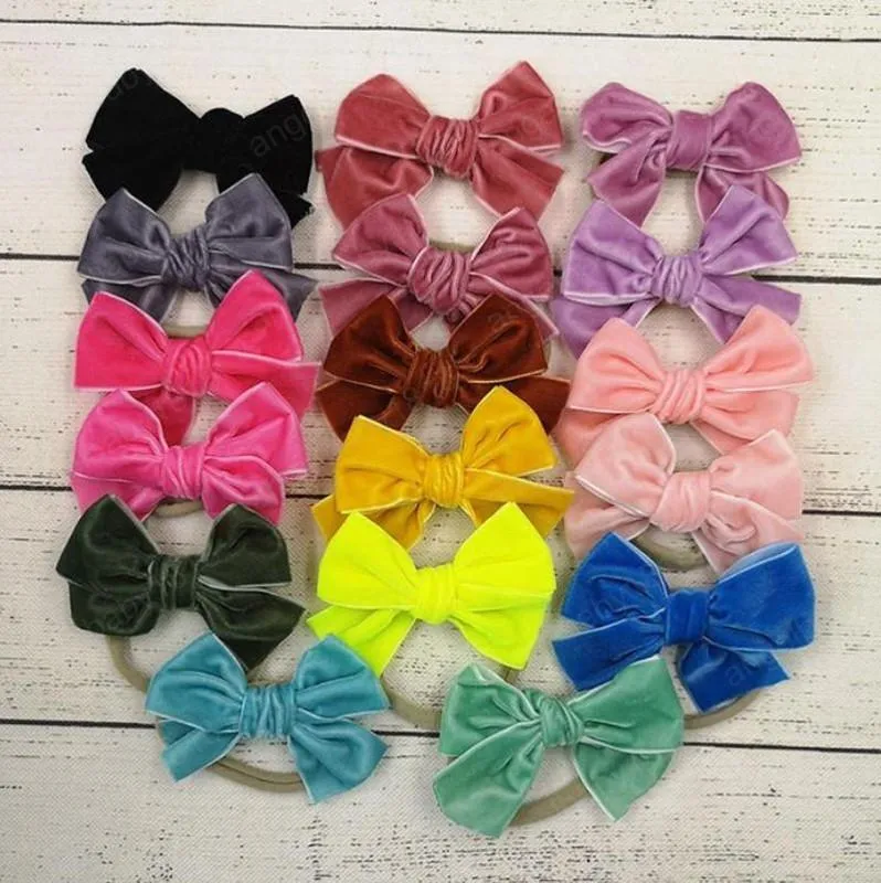 Bebek Kız Headand Kadife Bow Lastik Bantlar Şeker Renk Elastik Hairband Çocuk Saç Bow Şapkalar Bebek Butik Saç Aksesuarları 15 Renkler