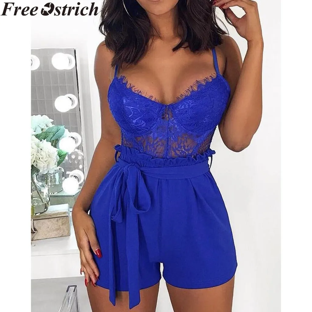 Sommar Kvinnor Lace Sexig Jumpsuit Sling Transparent Backless High Waist Casual Jumpsuit Ladies Ärmlös O-Neck Fashion Rompers T200704