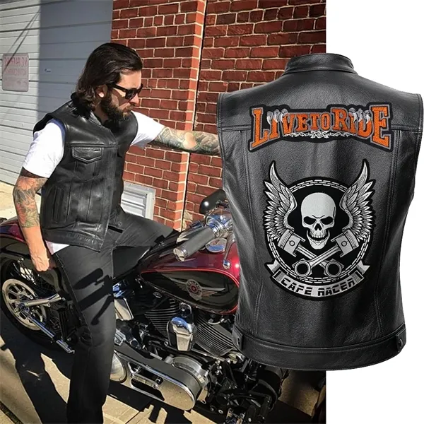 Giacche da motociclista da uomo Gilet in pelle tinta unita Punk Giacca da motociclista con ricamo Skull Cappotti corti C1103