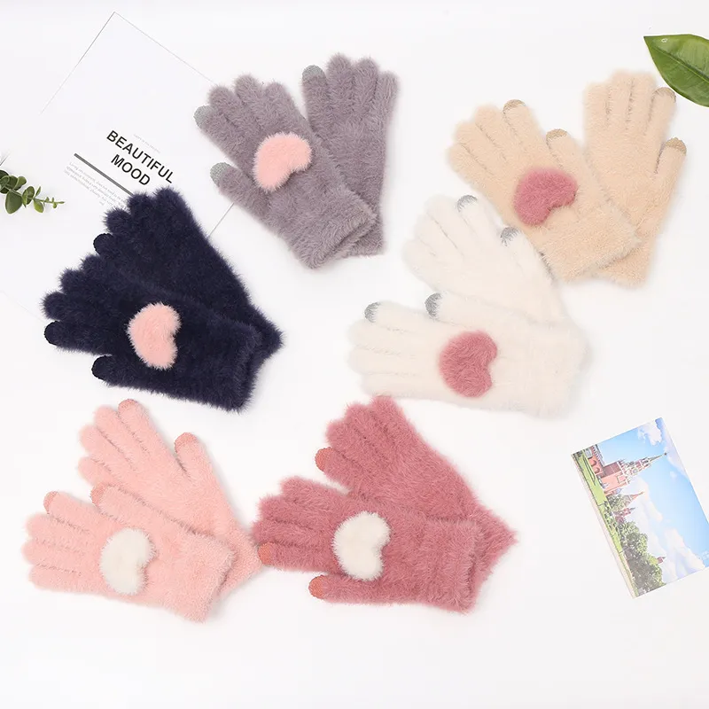 Children's Finger Gloves Child Five Fingers Glove Solid Color Heart Shape Pattern Design Children Gloves Winter Outdoor Keep Warm Proof Windy Students Mitts 6 8hl L2