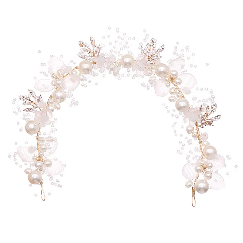 Pearls Gold Leaves Wedding Bridal Handmade Rhinestone Hairband Headband Luxury Hair Accessories Headpiece Fascinators 12 inches Long