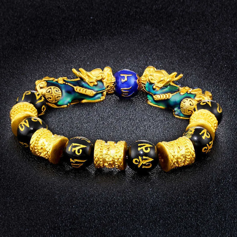 Feng shui sex ord sanning pärla pärla armband rikedom lycka till guld hink pärlor guld färgglada pixiu armband