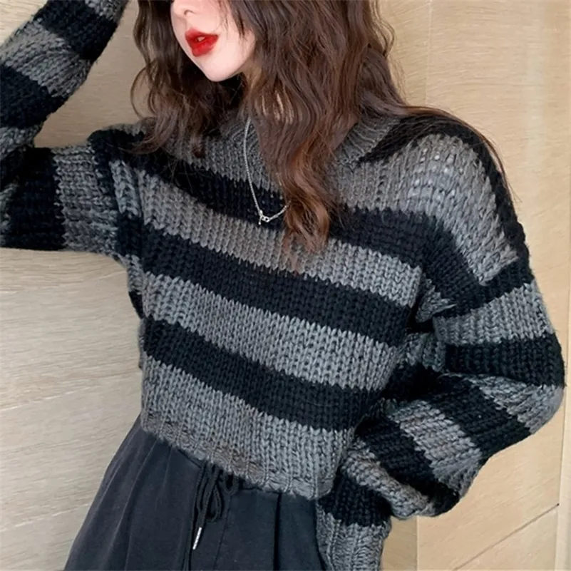 Rosetic Pullovers Striped Short Women Sweater Casual Knitwear Streetwear Jumper Gray Black Gothic Knitted Sweaters Goth 201130