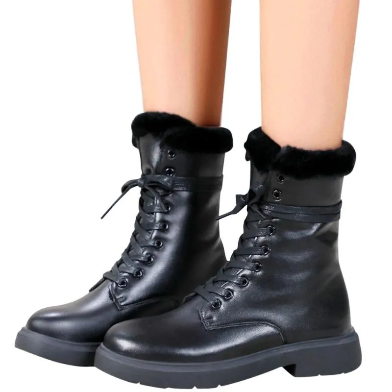 Vente chaude mode Plus velours bottes de neige femme chaussures hiver cheville couture lacets moto bottes Cool court peluche noir chaussures femme