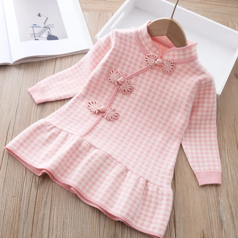 Baby Girl Fashion Sweater Dress Pullover Chinese Style Knitted Princess Dresses for Kids Cute Clothes Winter Sweaters 20211228 H1