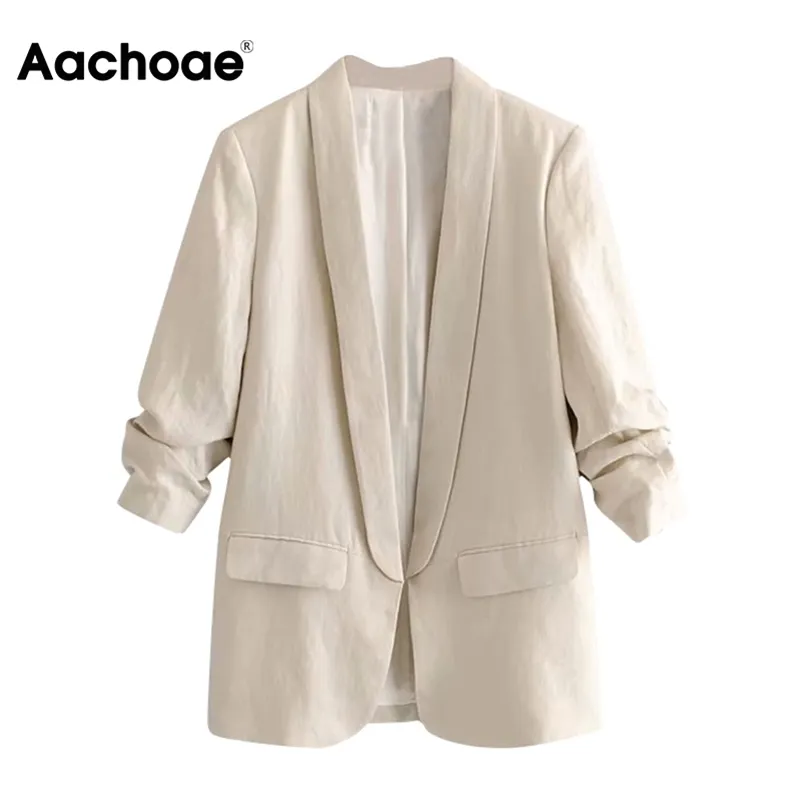 Aachoae Women Office Wear Blazer Coat 2020 Gekleed Kraag Casual Pockets Pak Blazers Solid Ploofed Mouw Chique Uitloper Tops LJ200911