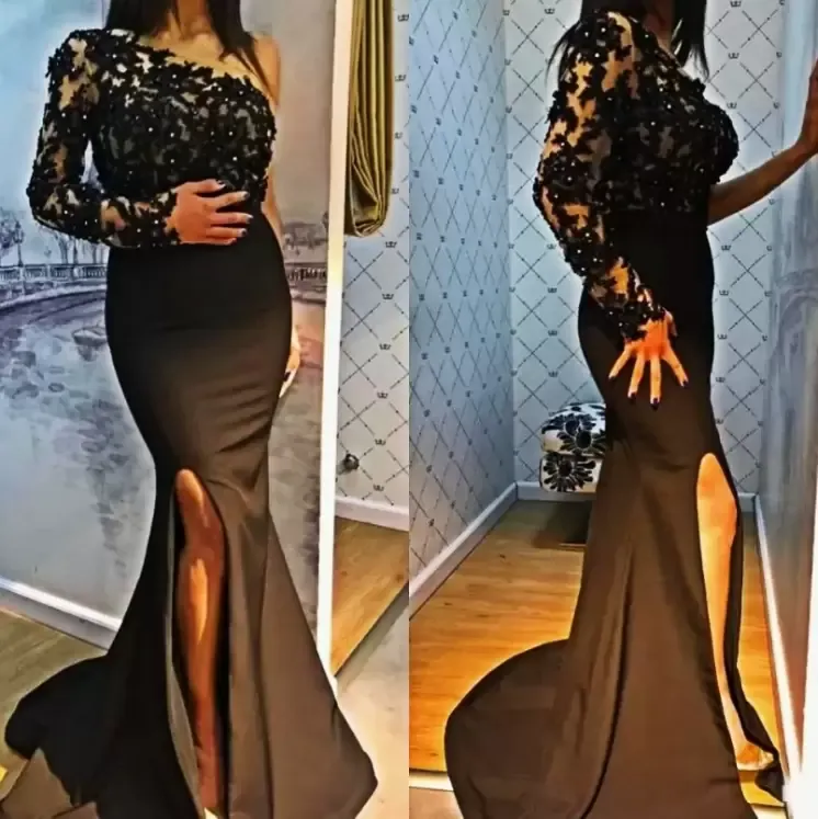 Black Prom Dresses Mermaid Plus Size One Shoulder Long Seces Lace Applique Pärled Side Slit Custom Made Satin Pleats Evening Party Gown Vestidos 403