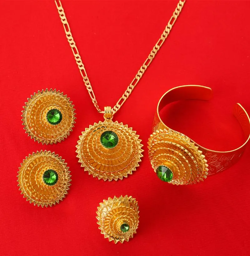 Colar brincos na moda romântico 24k cor de ouro etíope vermelho verde azul pedra conjuntos de jóias africano eritreia