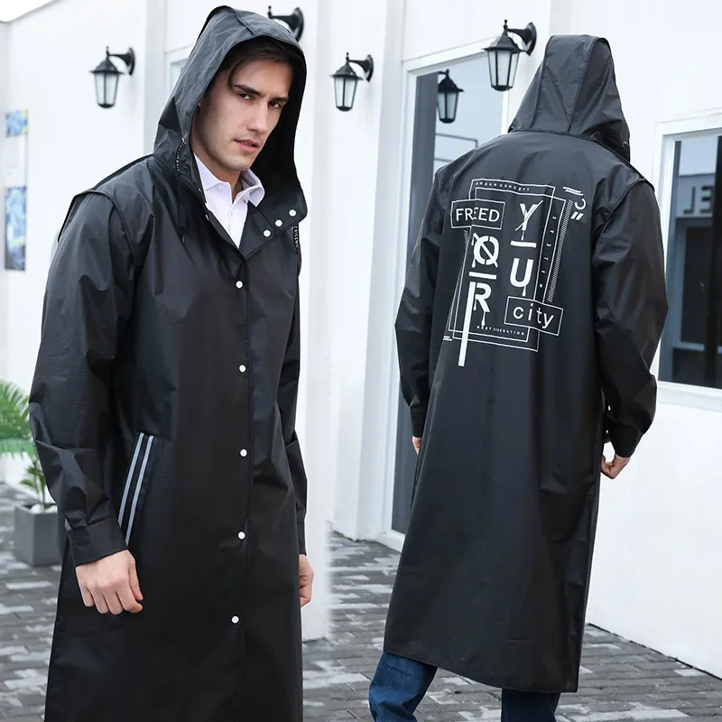 Yuding Black Fashion Long Men Raincoat Unisex Adult Waterproof Poncho Tour Plastic Rain Coat with Letter Printing Drawstring Y200324