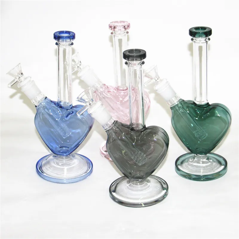 Glaswasserpfeifen Herzförmige Glasbong-Ölplattformen Shisha-Dab-Rig mit Trockenkräuterschalen 14 mm