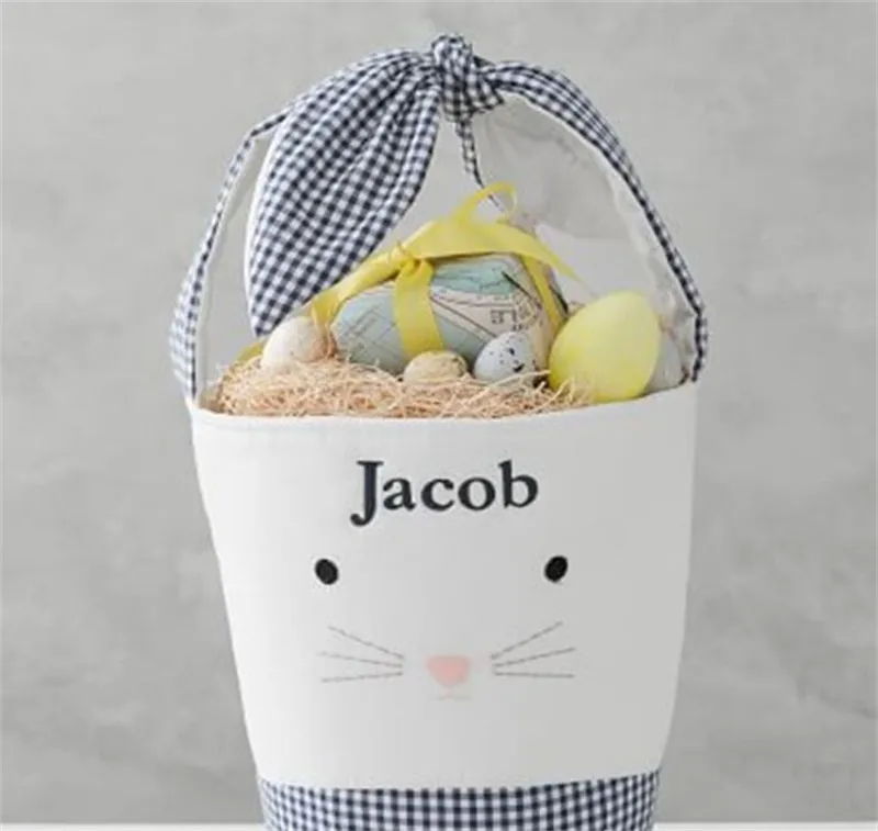 Plaid Patchwork Easter Rabbit Barrel Canvas Lovely Cartoon Fashion Bow Children Candy Gift Hand Basket 13 5fg J2