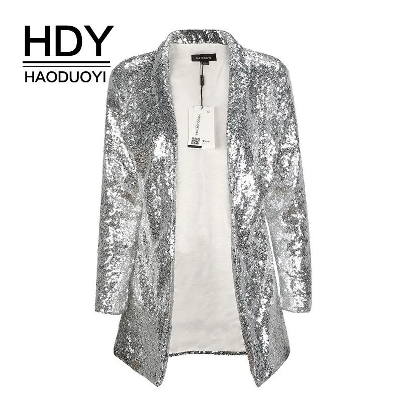 HDY Haoduoyi Höst Mode Kvinnor Silver Sequined Coats Now-down Collar Långärmad Outwears Cardigan Jackor T200111