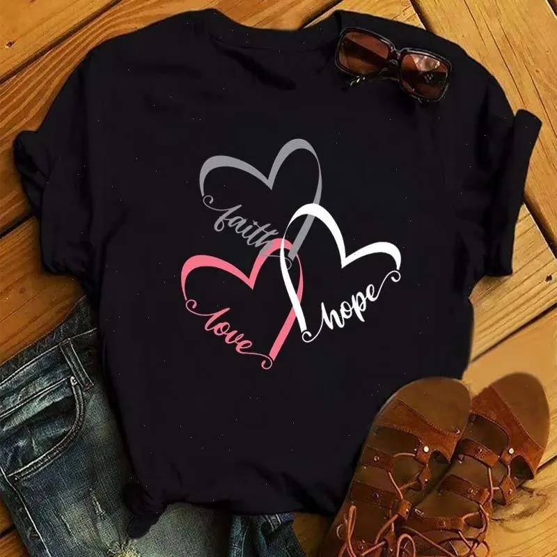 Wvioce Funny Love Womens T-shirt Heart Casual Women Summer Short Sleeve Harajuku Female Tops Graphic Girl Black 27933