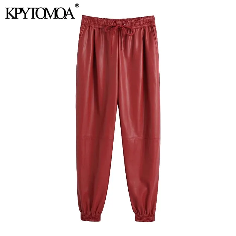 KPytomoa mulheres moda falso couro movimentando calças vintage alto elástico cintura cordão feminino torrous toures mujer 201113