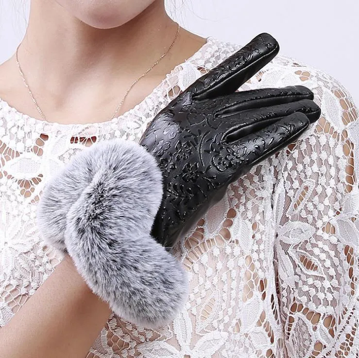 Women Golve touch screen Winter Plush Gloves Fur Warm Gloves Solid Color Cotton Warmer Smartphones Driving Glove luvas female winter gloves