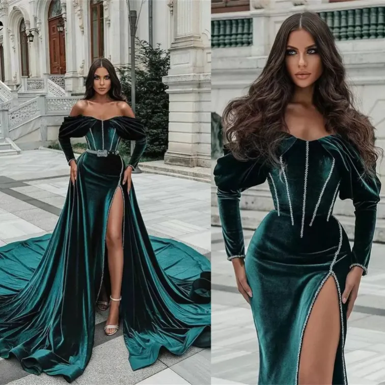 Yeni Yıl Seksi Mermaid Abiye V Boyun Uzun Kollu Sweep Tren Uyluk-Yüksek Yarıklar Peraller Kadife Örgün Balo Ünlü Elbise Parti Abiye Vestidos De Noche