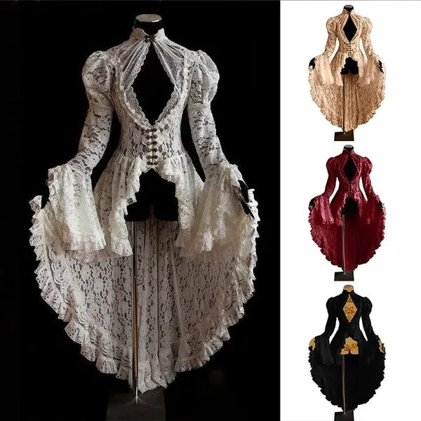 Robes décontractées femmes Vintage dentelle robe victorienne manches longues évasées gothique queue plissée évider Halloween rétro Cosplay