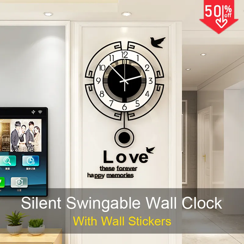 2020 Swing Acrílico Quartzo Quartzo Silencioso relógio de parede com adesivos de parede Design moderno Pendulum relógio relógios Sala de estar Decoração de casa LJ200827