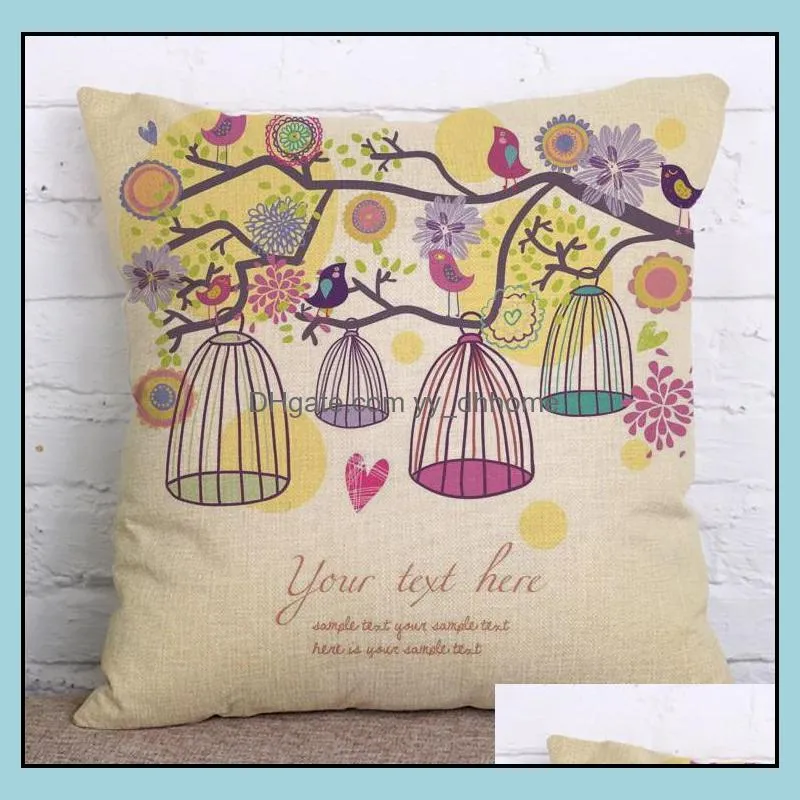 Soft Linen Cotton Pillow Case Bird Cage Print Cushion Cover Sofa Decor Throw Pillowcase Home Hotel Textiles Supplies