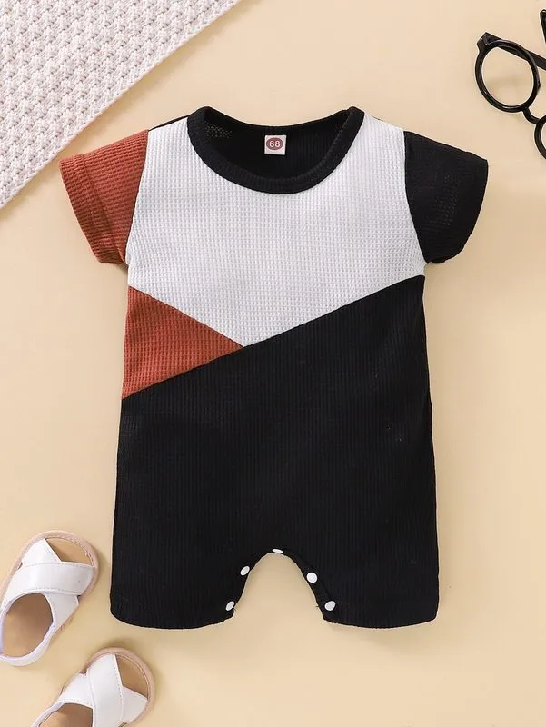 Baby Colorblock Button Detail Waffle Knit Romper SHE