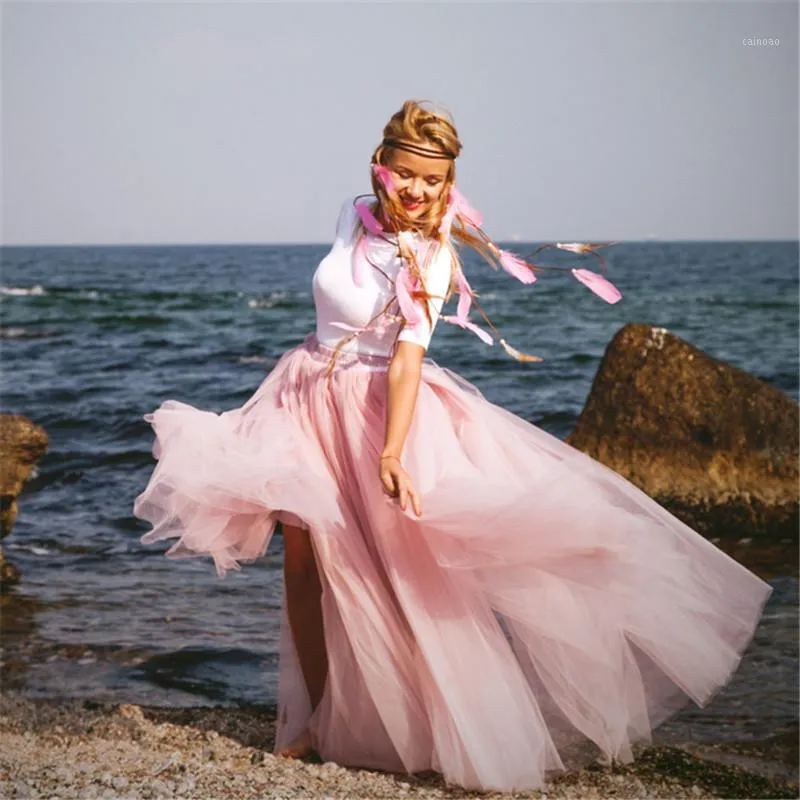 Pink Tulle Skirts Tiered Tutu Prom Skirt Women Elastic Waist Puffy Maxi Long Custom Made Formal Party Skirts1