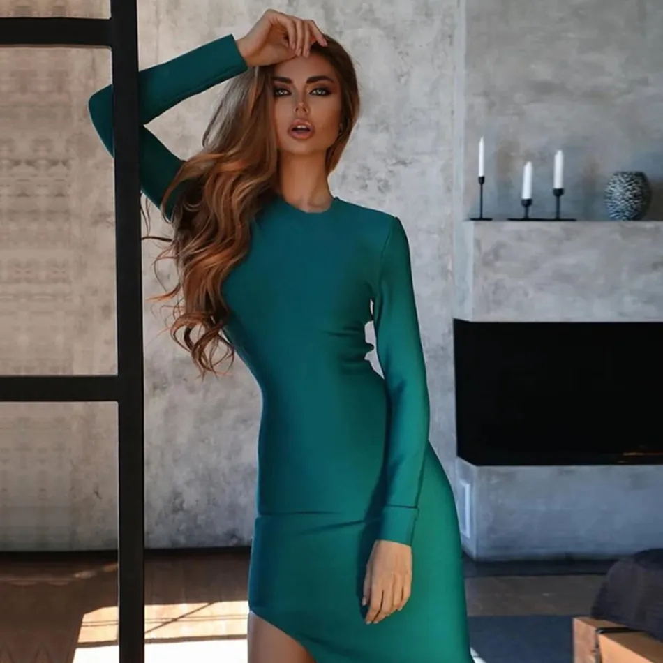 Adyce 2020 New Winter Long Sleeve Green Runway Bandage Dress Women Sexy Hollow Out Backless Club Celebrity Evening Party Dresses LJ201204