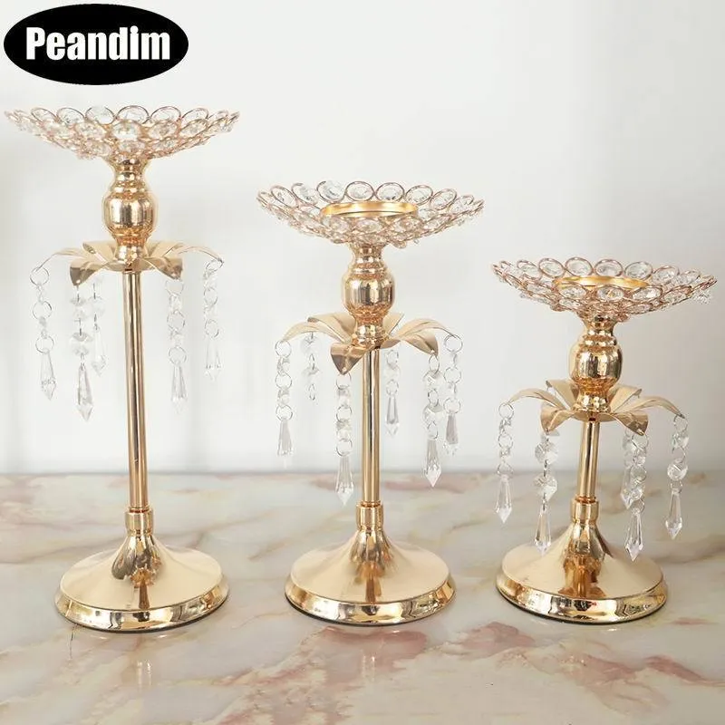 Peandim Gold Crystal Candle Holder Dekoracja Ślubna Stół Centerspectes Candelabra Urodziny Party Kwiat Wazon Home Decor LJ201018