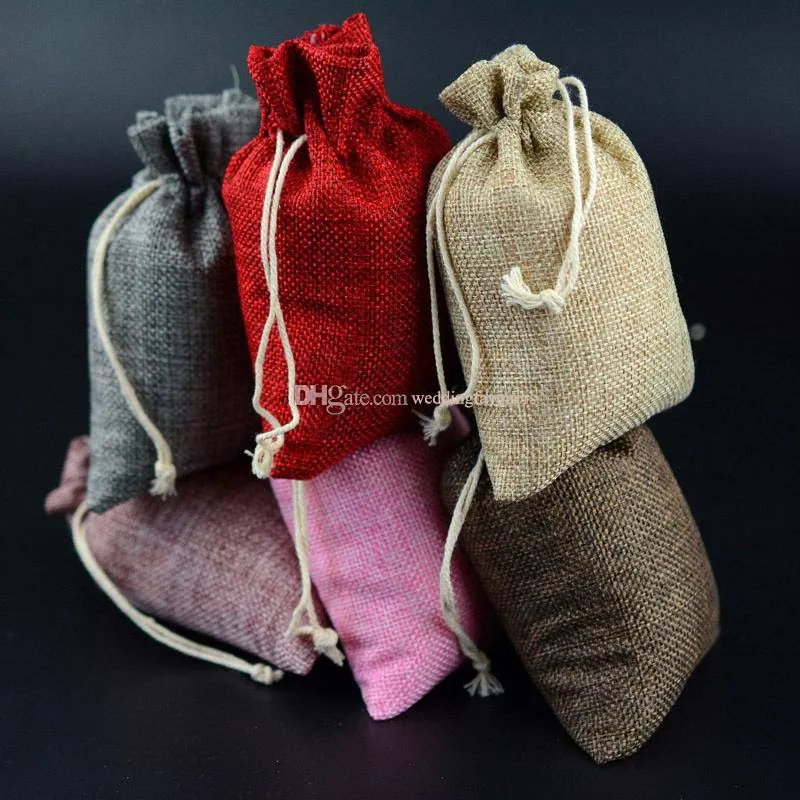 9cmx12cm Färgrik Mini Burlap Bag Jute Pouch Drawstring Gift Wrap Tyg Rustik Styles Paketväska Candy Holder Party suuplies