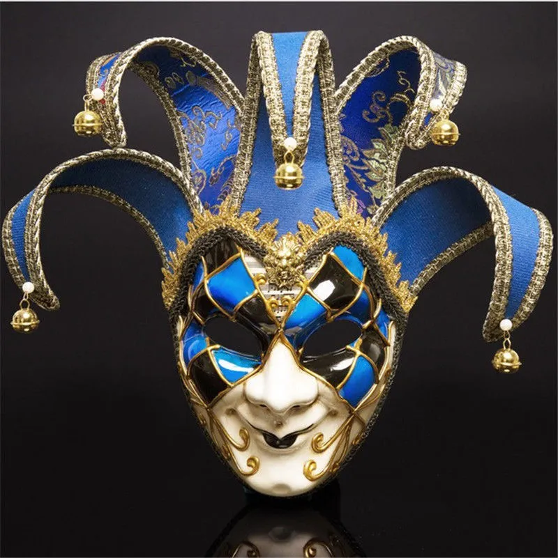 Full Face Uomini Teatro Veneziano Giullare Joker Masquerade Maschera Con Campane Mardi Gras Party Ball Halloween Cosplay Maschera Costume Y200103