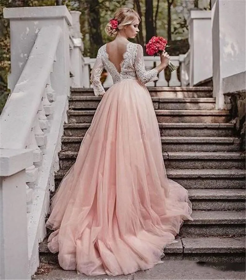Blush Pink Lace A Line Wedding Gowns with 3/4 Sleeves, Scalloped V-Neck, and Sweep Train in Tulle - Vestidos