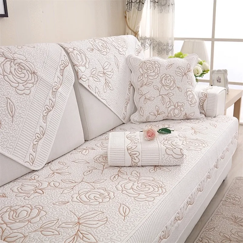 Double Surface Sofa Cover Four Seasons Couch Towel Non-slip Comfortable Europe Embroidery Full Cushion Solid Color Printed LJ201216