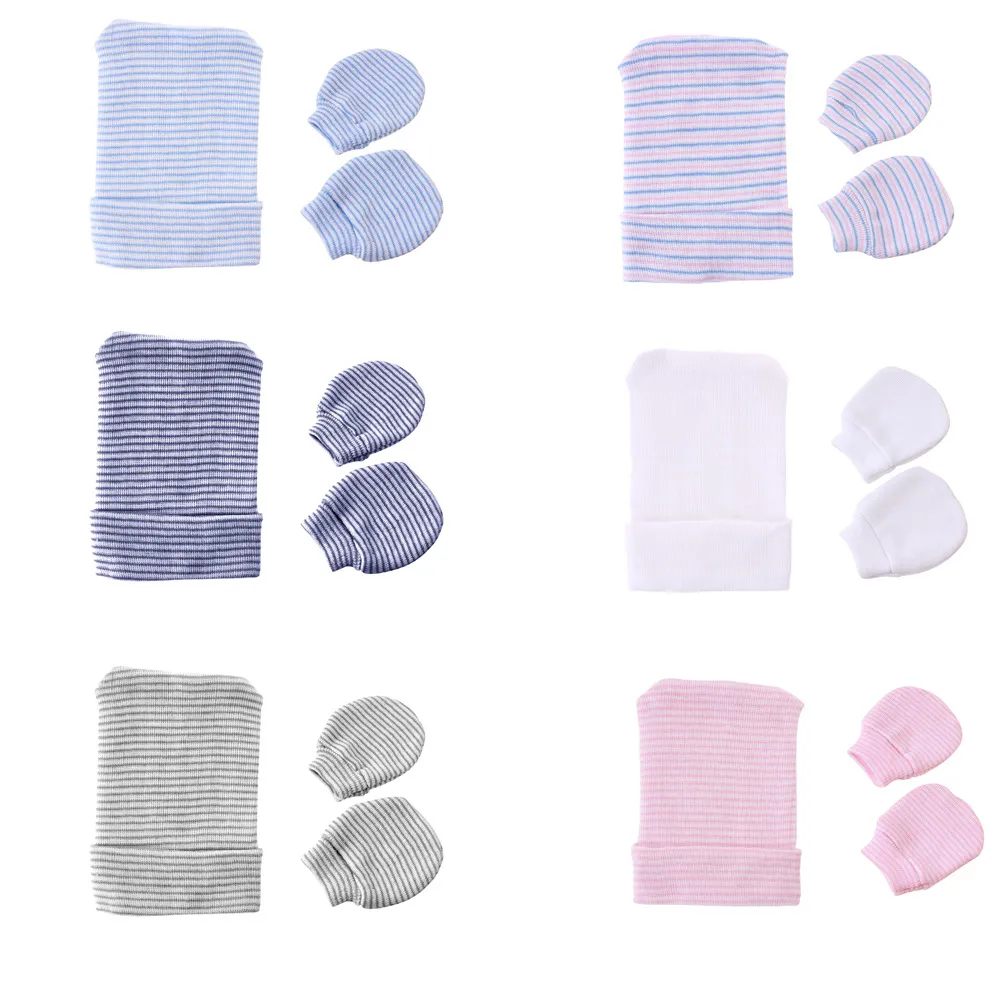 Neugeborenen-Hut-Handschuhe-Set, Kinder-Baumwollhüte und Handschuhe, verhindern Kratzer und halten warm, für Babys, Jungen und Mädchen, Streifenkappen TD482